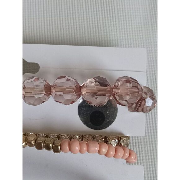 Charlotte Russe Set of 6 Gold Toned and Pink Assorted Beaded Elastic Bracelets - Picture 2 of 10